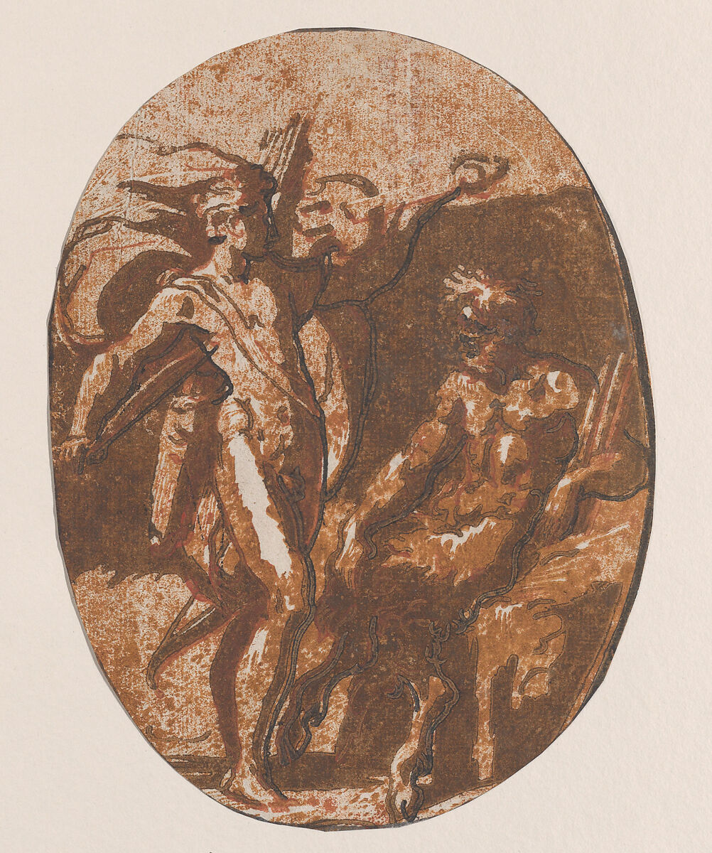 The contest between Apollo and Marysas, Niccolò Vicentino (Italian, active ca. 1510–ca. 1550), Chiaroscuro woodcut from four blocks in brown; Greek text printed in red on verso 