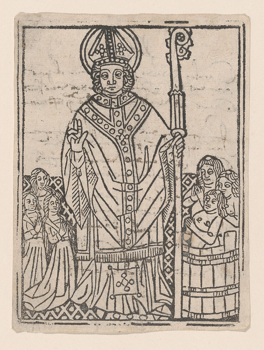 Saint Nicholas of Myra flanked by praying figures, Anonymous, Italian, 15th century, Woodcut 