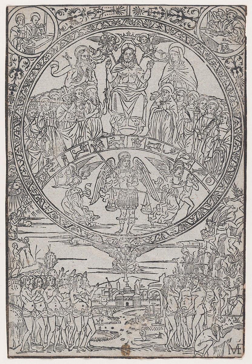 The Last Judgment, Anonymous, Italian, 15th to 16th century, Woodcut (possibly a modern impression), framed with a border in brown ink 