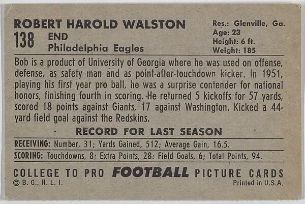Bob Walston, Philadelphia Eagles, from the Bowman Football series (R407-4) issued by Bowman Gum, Issued by Bowman Gum Company, Commercial color lithograph