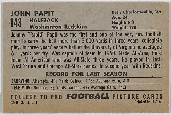 Johnny Papit, Washington Redskins, from the Bowman Football series (R407-4) issued by Bowman Gum, Issued by Bowman Gum Company, Commercial color lithograph