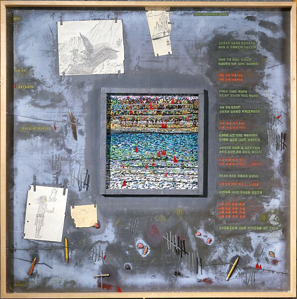 The Prisoner Song, Terry Allen (American, born Wichita, Kansas, 1943), Graphite and colored pencil on paper, oil, lead strips, gum, Plexiglas, nails, graphites, feather, and hair on lead sheet 