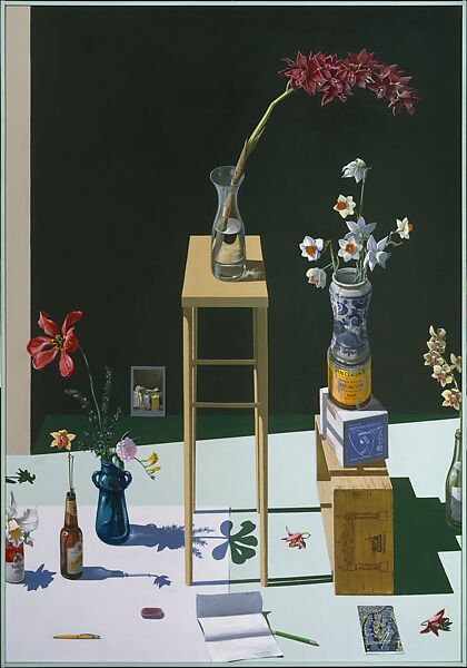 "Dutch" Still Life with Orchids, Postcard View of Paris, and "Death of Marat", Paul Wonner (American, Tucson, Arizona 1920–2008 San Francisco, California), Acrylic on canvas 