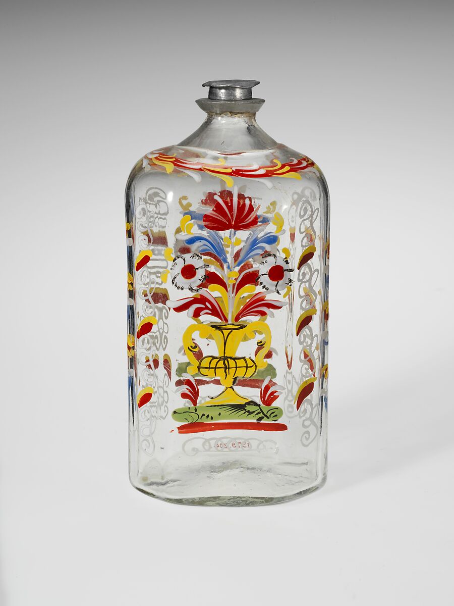 Bottle, Possibly Sebastian Witmer, Non-lead glass with enamel decoration 