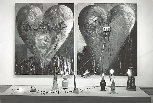 Lausanne, Jim Dine (American, born Cincinnati, Ohio, 1935), Oil, enamel, wood, and electrical outlets on two plywood panels, with eight cast aluminum, painted ceramic lamps 