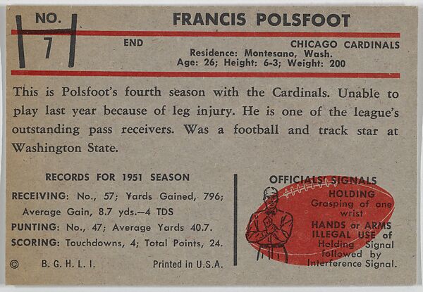 Francis Polsfoot, Cardinals, from the Bowman Football series (R407-5) issued by Bowman Gum, Issued by Bowman Gum Company, Commercial color lithograph
