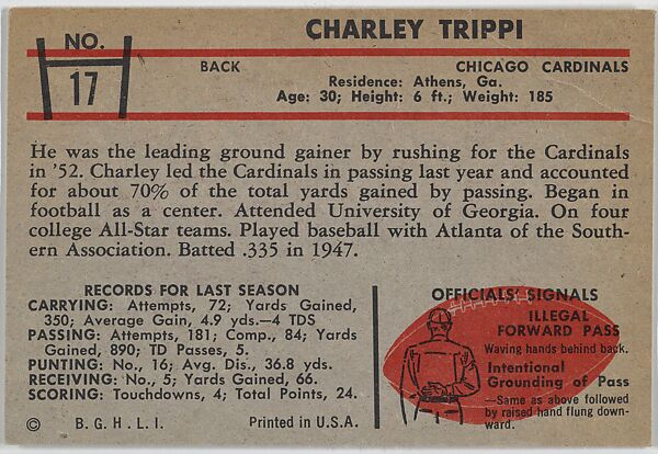 Charley Trippi, Cardinals, from the Bowman Football series (R407-5) issued by Bowman Gum, Issued by Bowman Gum Company, Commercial color lithograph
