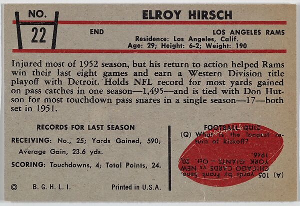 Elroy Hirsch, Rams, from the Bowman Football series (R407-5) issued by Bowman Gum, Issued by Bowman Gum Company, Commercial color lithograph