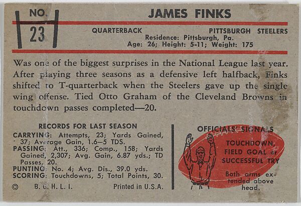 James Finks, Steelers, from the Bowman Football series (R407-5) issued by Bowman Gum, Issued by Bowman Gum Company, Commercial color lithograph