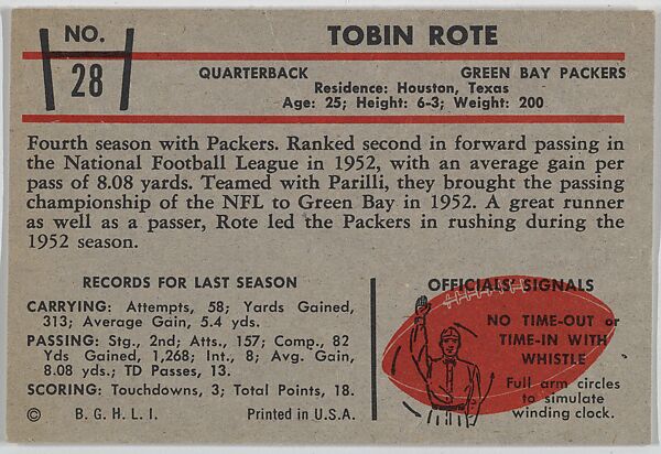 Tobin Rote, Packers, from the Bowman Football series (R407-5) issued by Bowman Gum, Issued by Bowman Gum Company, Commercial color lithograph