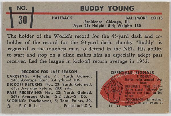 Buddy Young, Colts, from the Bowman Football series (R407-5) issued by Bowman Gum, Issued by Bowman Gum Company, Commercial color lithograph