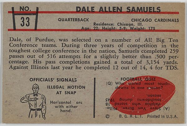 Dale Samuels, Cardinals, from the Bowman Football series (R407-5) issued by Bowman Gum, Issued by Bowman Gum Company, Commercial color lithograph