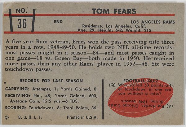 Tom Fears, Rams, from the Bowman Football series (R407-5) issued by Bowman Gum, Issued by Bowman Gum Company, Commercial color lithograph