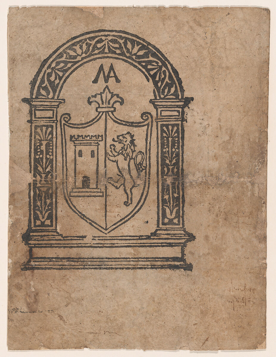 Book illustration or more likely a trademark with a coat of arms featuring a lion and a tower set within an arch, Anonymous, Italian, 16th century, Woodcut image on left side of a folded sheet, right side pen and ink mathematical calculations 