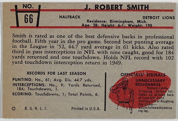 Robert Smith, Lions, from the Bowman Football series (R407-5) issued by Bowman Gum, Issued by Bowman Gum Company, Commercial color lithograph