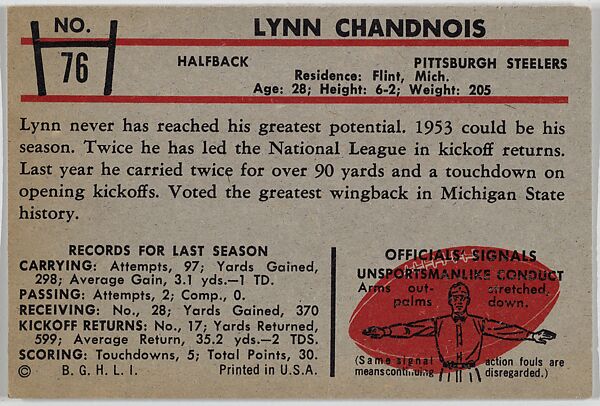 Lynn Chandnois, Steelers, from the Bowman Football series (R407-5) issued by Bowman Gum, Issued by Bowman Gum Company, Commercial color lithograph