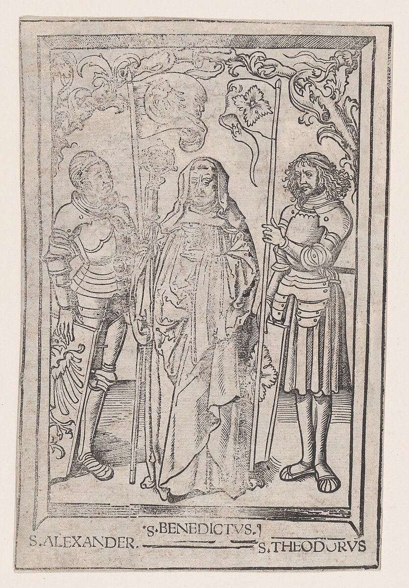 Saints Alexander and Theodore flanking Saint Benedict, Anonymous, Italian, 16th century, Woodcut 