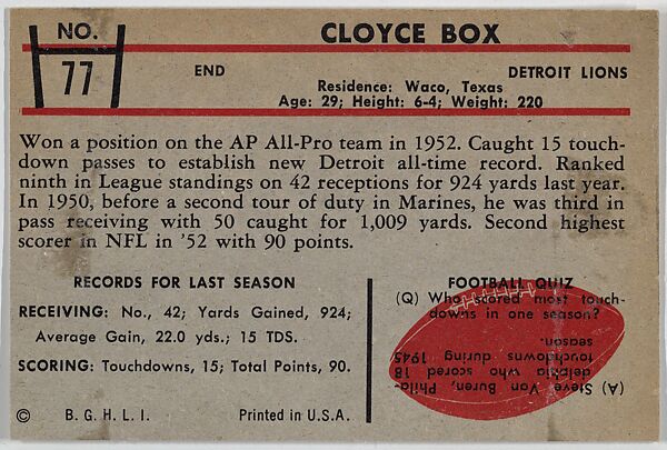 Cloyce Box, Lions, from the Bowman Football series (R407-5) issued by Bowman Gum, Issued by Bowman Gum Company, Commercial color lithograph