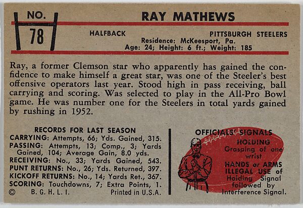 Ray Mathews, Steelers, from the Bowman Football series (R407-5) issued by Bowman Gum, Issued by Bowman Gum Company, Commercial color lithograph