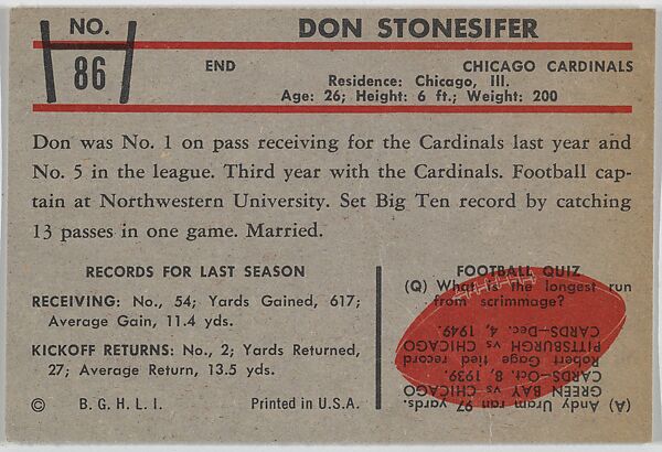 Don Stonesifer, Cardinals, from the Bowman Football series (R407-5) issued by Bowman Gum, Issued by Bowman Gum Company, Commercial color lithograph