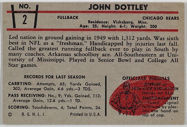 John Dottley, Bears, from the Bowman Football series (R407-5) issued by Bowman Gum, Issued by Bowman Gum Company, Commercial color lithograph
