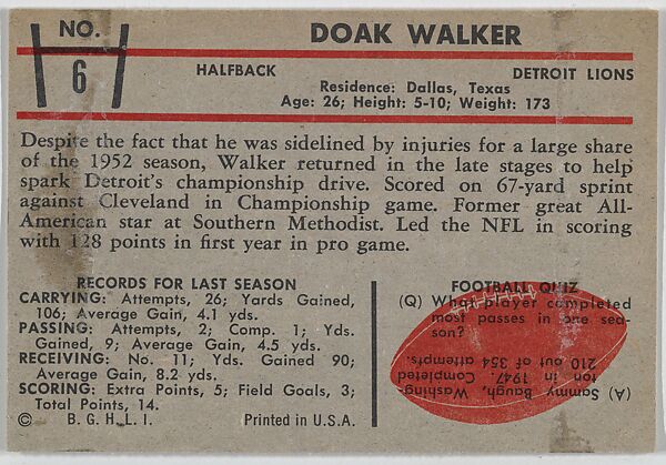 Doak Walker, Lions, from the Bowman Football series (R407-5) issued by Bowman Gum, Issued by Bowman Gum Company, Commercial color lithograph