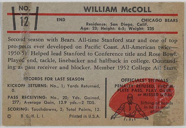 William McColl, Bears, from the Bowman Football series (R407-5) issued by Bowman Gum, Issued by Bowman Gum Company, Commercial color lithograph