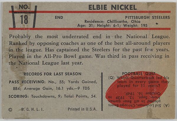 Elbie Nickel, Steelers, from the Bowman Football series (R407-5) issued by Bowman Gum, Issued by Bowman Gum Company, Commercial color lithograph