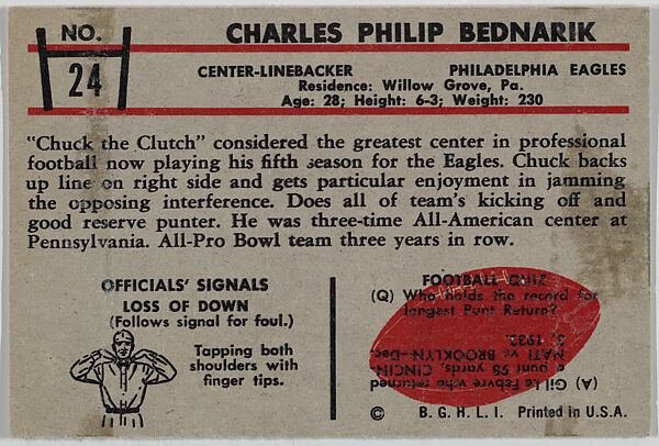 "Chuck" Bednarik, Eagles, from the Bowman Football series (R407-5) issued by Bowman Gum, Issued by Bowman Gum Company, Commercial color lithograph
