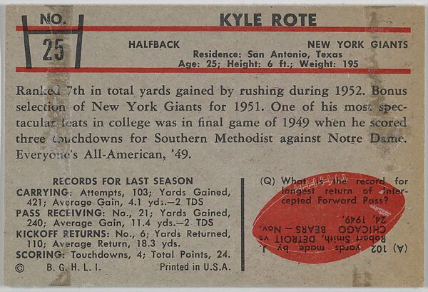 Kyle Rote, Giants, from the Bowman Football series (R407-5) issued by Bowman Gum, Issued by Bowman Gum Company, Commercial color lithograph