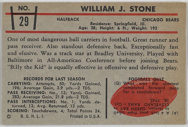 Billy Stone, Bears, from the Bowman Football series (R407-5) issued by Bowman Gum, Issued by Bowman Gum Company, Commercial color lithograph