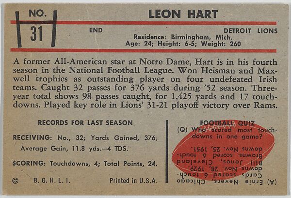 Leon Hart, Lions, from the Bowman Football series (R407-5) issued by Bowman Gum, Issued by Bowman Gum Company, Commercial color lithograph