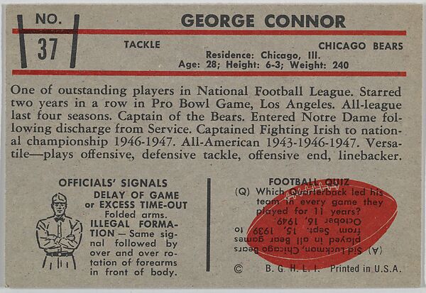 George Connor, Bears, from the Bowman Football series (R407-5) issued by Bowman Gum, Issued by Bowman Gum Company, Commercial color lithograph