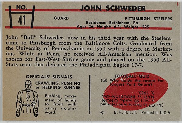 John Schweder, Steelers, from the Bowman Football series (R407-5) issued by Bowman Gum, Issued by Bowman Gum Company, Commercial color lithograph