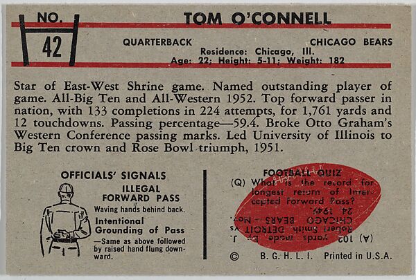 Tom O'Connell, Bears, from the Bowman Football series (R407-5) issued by Bowman Gum, Issued by Bowman Gum Company, Commercial color lithograph