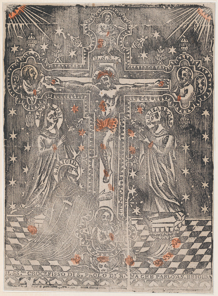 Christ on the cross flanked by the Virgin, Saint Brigit and Saint Elisabeth, Anonymous, Italian, 16th century ?, Woodcut with areas of red colouring 