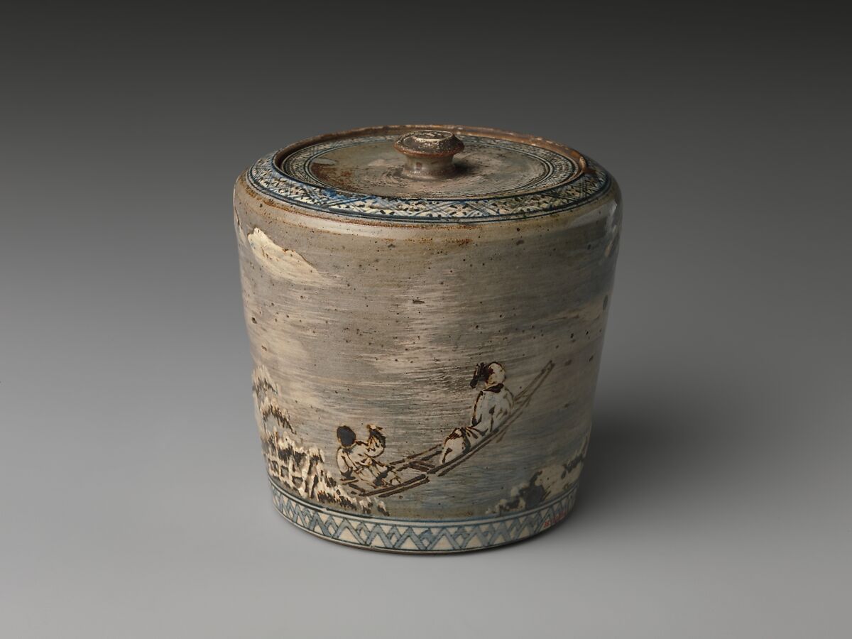 Water jar, Ogata Kenzan (Japanese, 1663–1743), Clay; bluish-gray glaze, streaked showing white underglaze; design modeled in white and brown slip, in low relief; meander borders in white and blue (Tokyo ware), Japan 