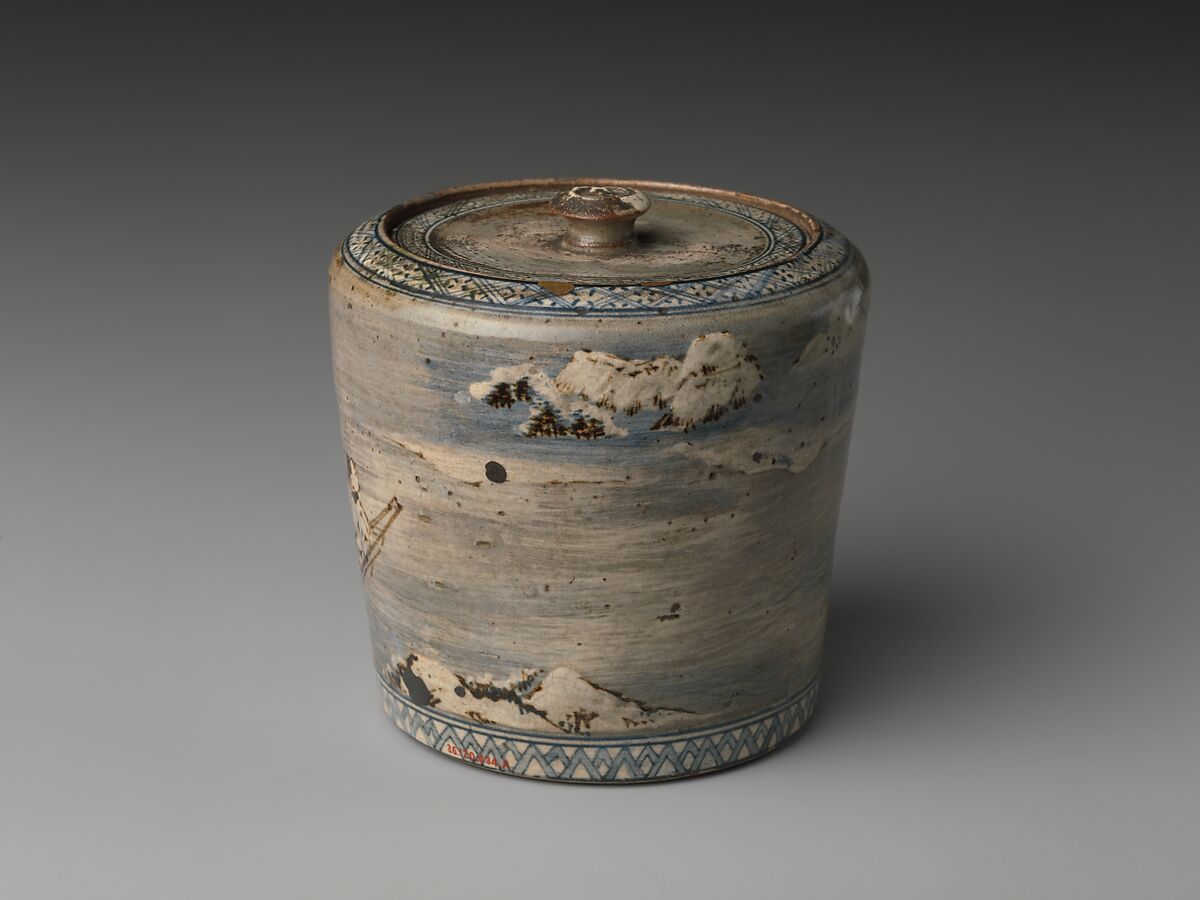 Water jar, Ogata Kenzan (Japanese, 1663–1743), Clay; bluish-gray glaze, streaked showing white underglaze; design modeled in white and brown slip, in low relief; meander borders in white and blue (Tokyo ware), Japan