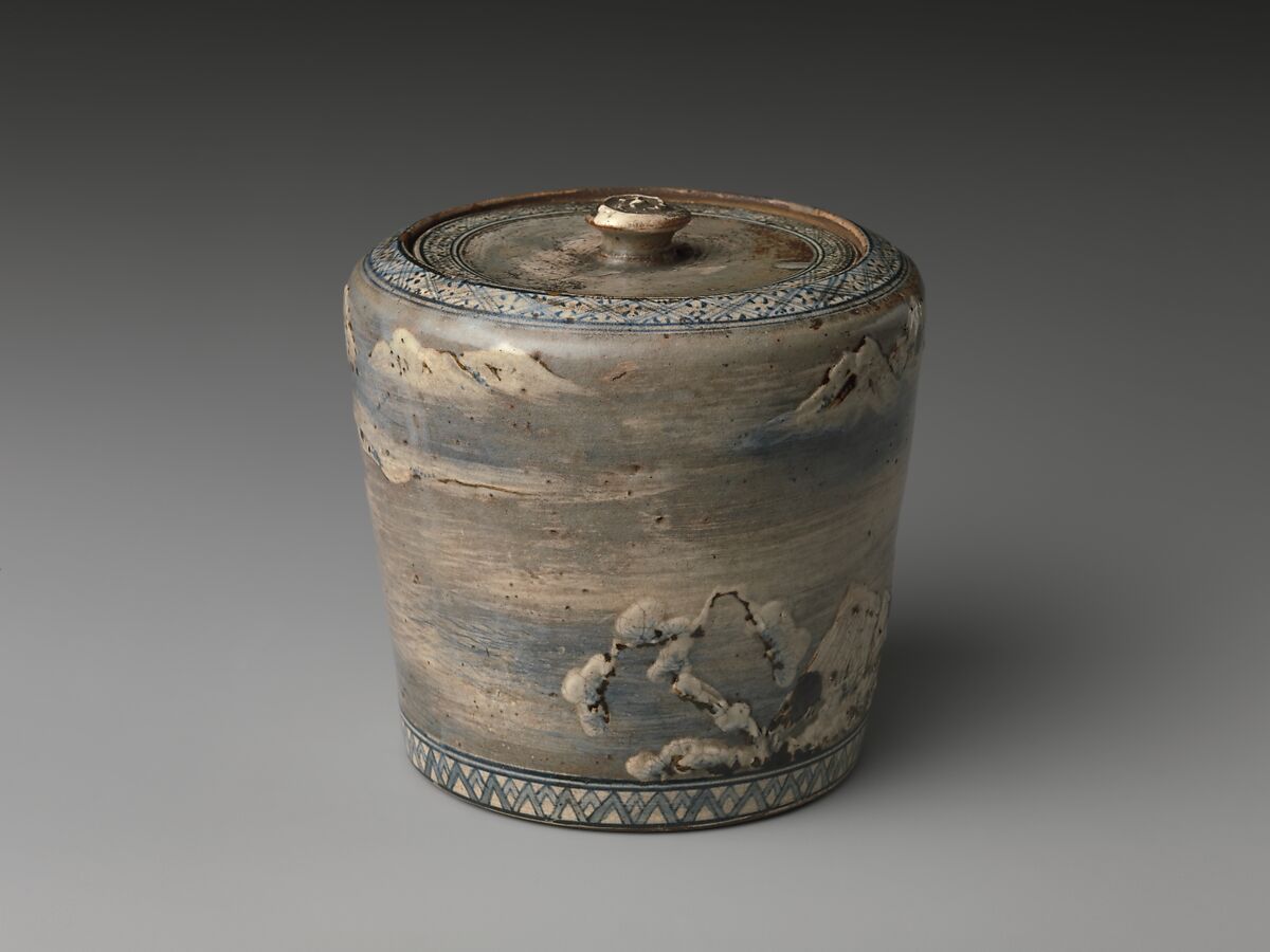 Water jar, Ogata Kenzan (Japanese, 1663–1743), Clay; bluish-gray glaze, streaked showing white underglaze; design modeled in white and brown slip, in low relief; meander borders in white and blue (Tokyo ware), Japan