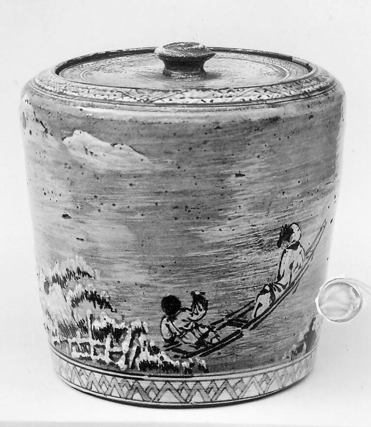 Water jar, Ogata Kenzan (Japanese, 1663–1743), Clay; bluish-gray glaze, streaked showing white underglaze; design modeled in white and brown slip, in low relief; meander borders in white and blue (Tokyo ware), Japan