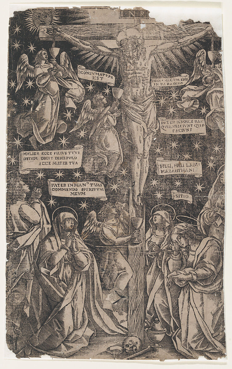 Christ on the Cross surrounded by mourners, Anonymous, Italian, 17th or 18th century, Woodcut laid down to a secondary sheet 