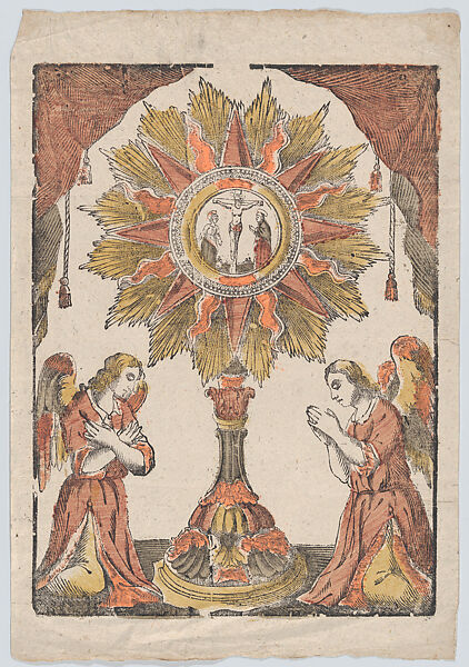 Angels flanking a monstrance with Christ on the cross, Anonymous, Italian, 19th century, Woodcut hand-colored in red, orange, gray, and yellow 
