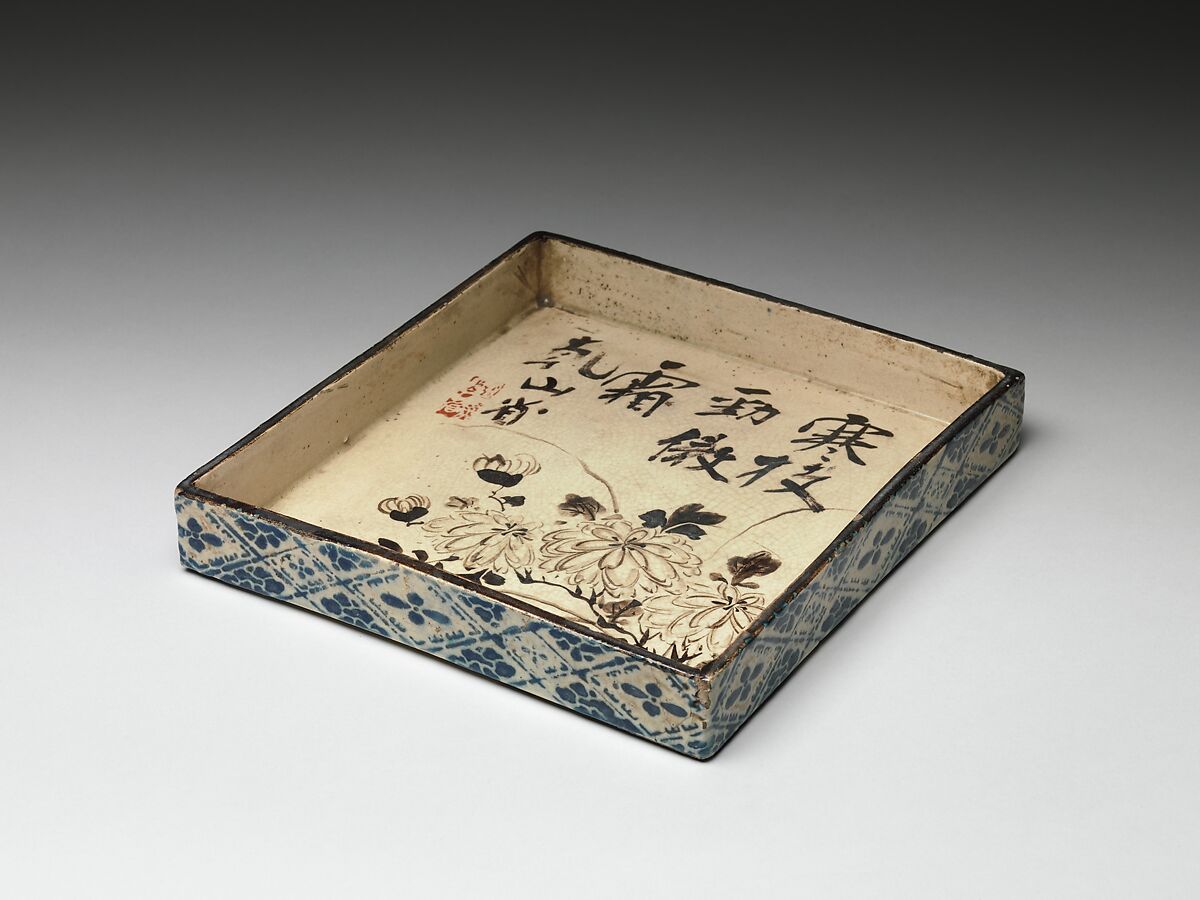 Tray, Ogata Kenzan (Japanese, 1663–1743), Clay; crackled cream glaze; inside, chrysanthemum sprays and poem, in brown; outer rim, conventional floral diaper in blue (Tokyo ware), Japan 