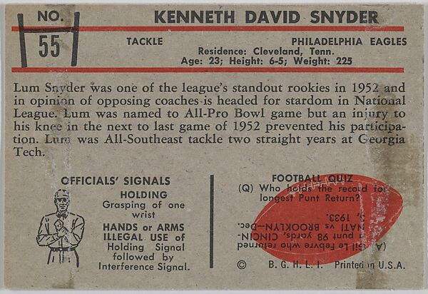 Ken Snyder, Eagles, from the Bowman Football series (R407-5) issued by Bowman Gum, Issued by Bowman Gum Company, Commercial color lithograph