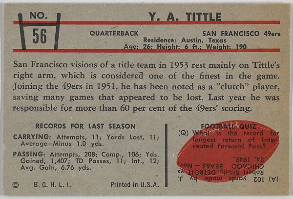 Y. A. Tittle, 49ers, from the Bowman Football series (R407-5) issued by Bowman Gum, Issued by Bowman Gum Company, Commercial color lithograph