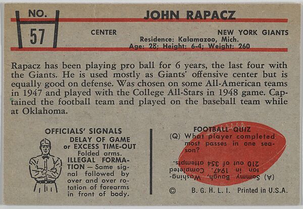 John Rapacz, Giants, from the Bowman Football series (R407-5) issued by Bowman Gum, Issued by Bowman Gum Company, Commercial color lithograph