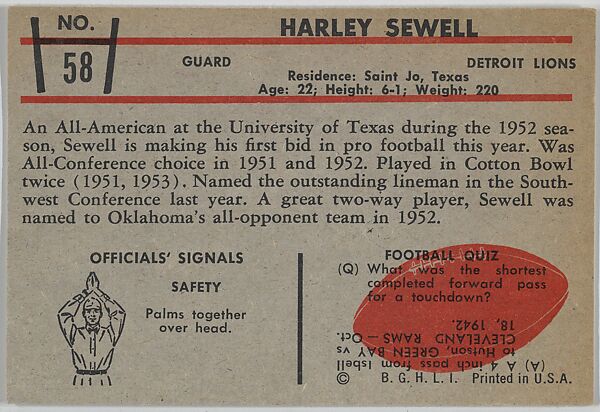 Harley Sewell, Lions, from the Bowman Football series (R407-5) issued by Bowman Gum, Issued by Bowman Gum Company, Commercial color lithograph