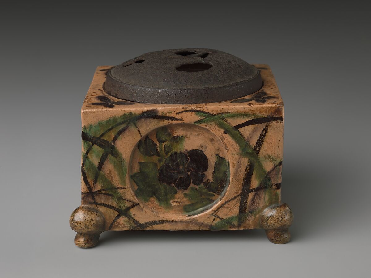 Incense Burner (kōro) with Design of Grasses, Cherry Blossoms and Butterflies, Hon'ami Kōetsu (Japanese, 1558–1637), Clay; yellow glaze; decoration of flowers, grasses and butterflies; perforated iron cover (Kyoto ware), Japan