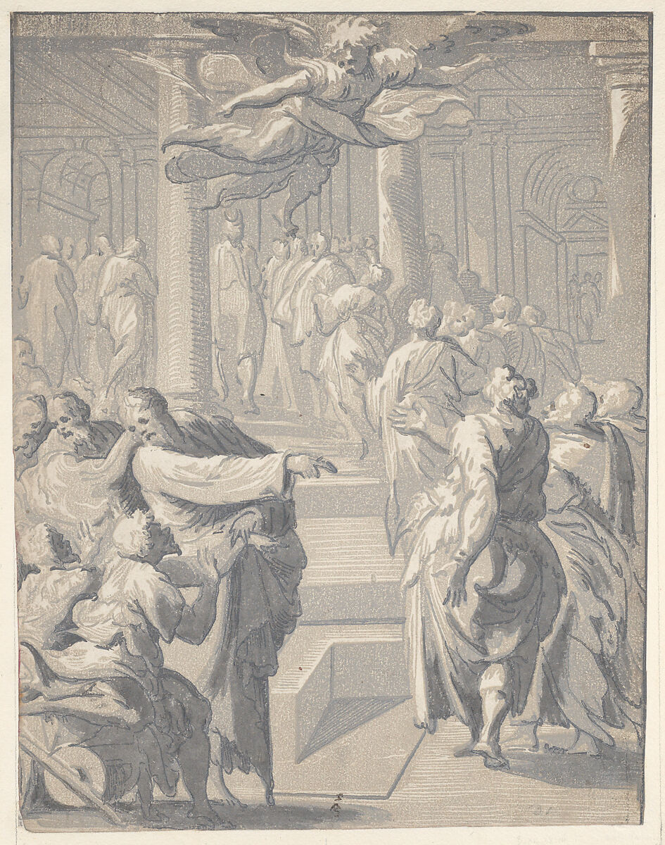Christ healing the paralytic, Niccolò Vicentino (Italian, active ca. 1510–ca. 1550), Chiaroscuro woodcut from four blocks in gray-blue 