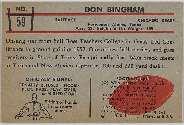 Don Bingham, Bears, from the Bowman Football series (R407-5) issued by Bowman Gum, Issued by Bowman Gum Company, Commercial color lithograph